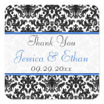 Zwart Wit Blauw Damask 1,5" Wedding Favor Sticker