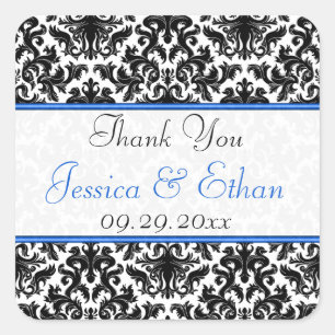 Zwart Wit Blauw Damask 1,5" Wedding Favor Sticker