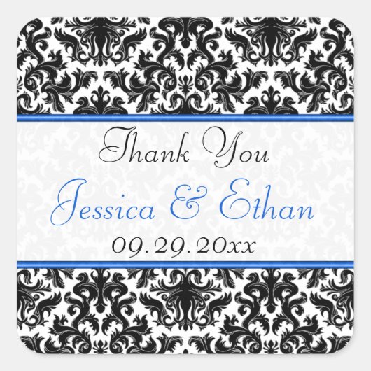 Zwart Wit Blauw Damask 1,5" Wedding Favor Sticker (Voorkant)