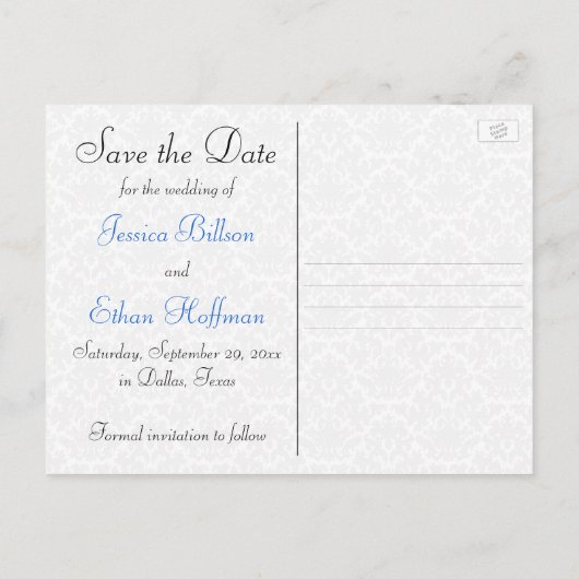 Zwart, Wit, Blauw Damask Save the Date Briefkaart (Achterkant)