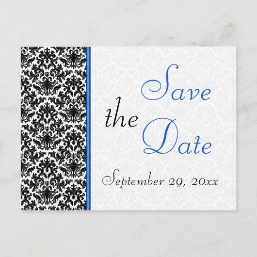 Zwart, Wit, Blauw Damask Save the Date Briefkaart (Voorkant)