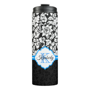 Zwart Wit & Blauw Damask Thermosbeker