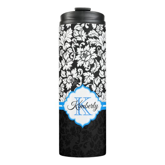 Zwart Wit & Blauw Damask Thermosbeker (Voorkant)
