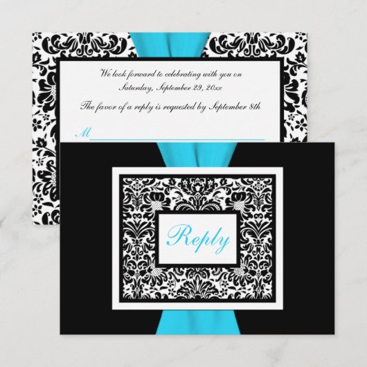 Zwart, Wit, Blauw Damast met FAUX Lint RSVP (Voorkant / Achterkant)