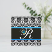 ZWART WIT BLAUW DAMAST MONOGRAM saffier Goud Kaart (Staand voorkant)