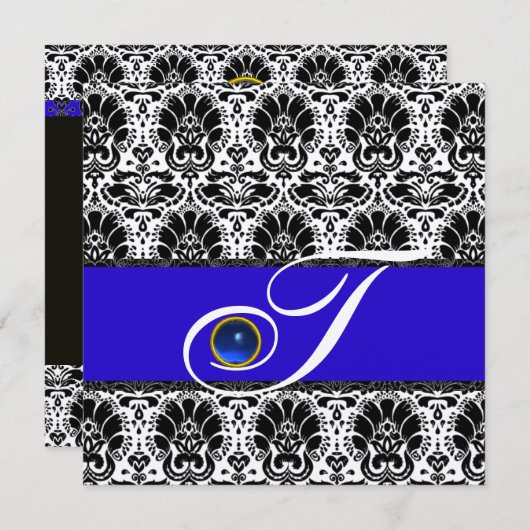 ZWART WIT BLAUW DAMAST MONOGRAM saffier Metaal Kaart (Voorkant / Achterkant)