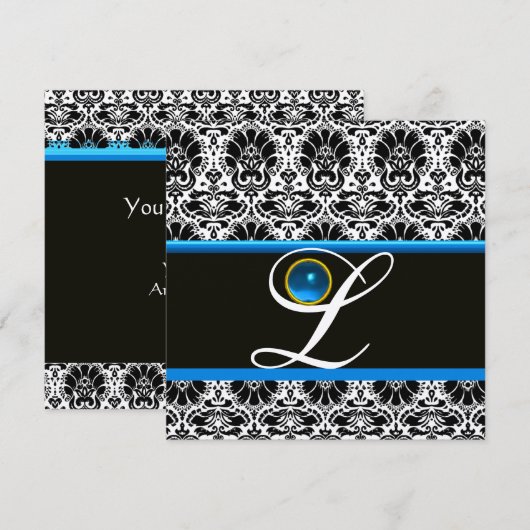 ZWART WIT BLAUW DAMAST MONOGRAM saffier Metaal Kaart (Voorkant / Achterkant)