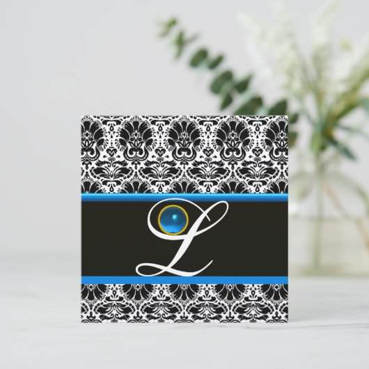 ZWART WIT BLAUW DAMAST MONOGRAM saffier Metaal Kaart (Staand voorkant)