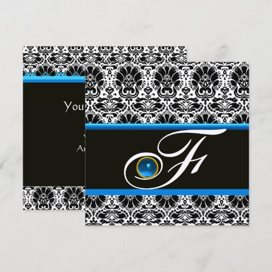 ZWART WIT BLAUW DAMAST MONOGRAM saffier Zilver Kaart (Voorkant / Achterkant)