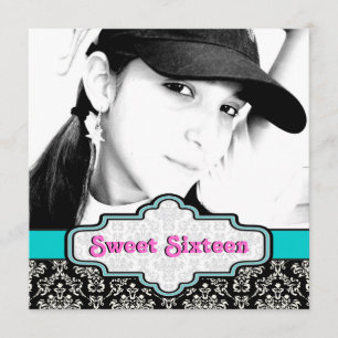 Zwart wit blauw damast Sweet Sixteen verjaardag Kaart