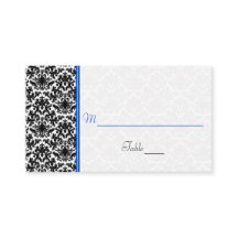 Zwart, Wit, Blauw Damast Wedding Place Card