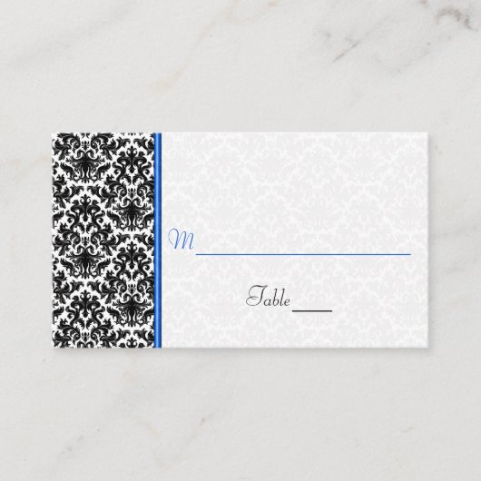 Zwart, Wit, Blauw Damast Wedding Place Card Plaatskaartje (Voorkant)