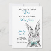 Zwart-wit blauw Een Bunny is drie verjaardag Kaart (Voorkant)