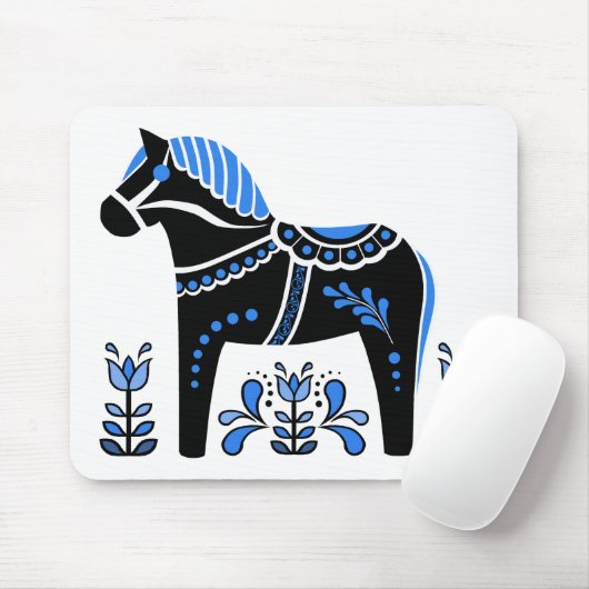 Zwart/wit/blauw Folk Dala paard/Folk Friesian Muismat (Met muis)