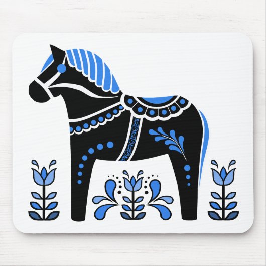 Zwart/wit/blauw Folk Dala paard/Folk Friesian Muismat (Voorkant)