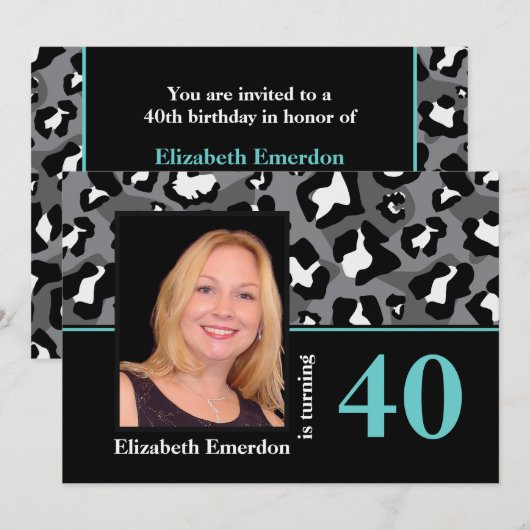Zwart wit blauw luipaard print 40e verjaardag foto kaart (Voorkant / Achterkant)