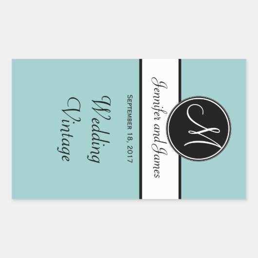 Zwart Wit Blauw Monogram Bruiloft Wijn Label (Voorkant)