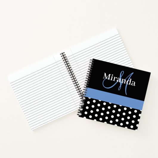 Zwart Wit Blauw Monogram Polka Dots Notitieboek (Binnen)