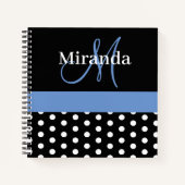 Zwart Wit Blauw Monogram Polka Dots Notitieboek (Voorkant)