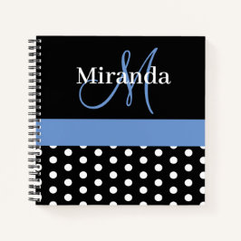 Zwart Wit Blauw Monogram Polka Dots Notitieboek