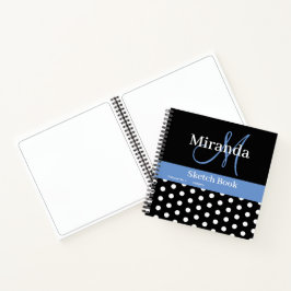 Zwart Wit Blauw Monogram Polka Dots Schets Notitieboek