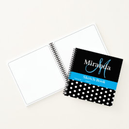 Zwart Wit Blauw Monogram Polka Dots Schets Notitieboek