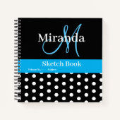 Zwart Wit Blauw Monogram Polka Dots Schets Notitieboek (Voorkant)