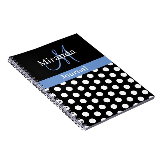 Zwart Wit Blauw Monogram Script Polka Dot Notitieboek (Rechterzijde)