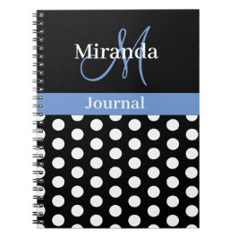 Zwart Wit Blauw Monogram Script Polka Dot Notitieboek