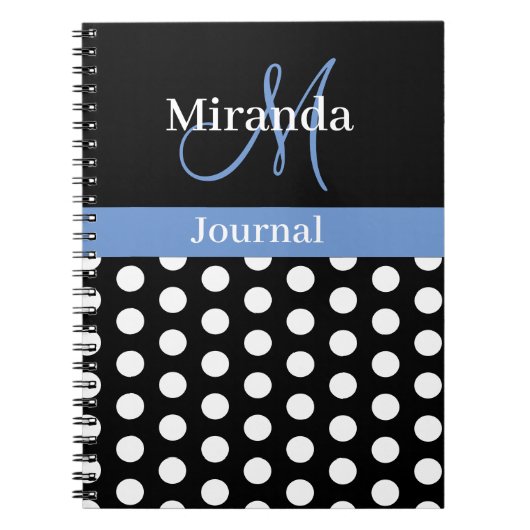 Zwart Wit Blauw Monogram Script Polka Dot Notitieboek (Voorkant)
