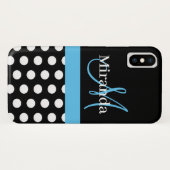 Zwart Wit Blauw Monogram Script Polka Dots Case-Mate iPhone Case (Achterkant (horizontaal))
