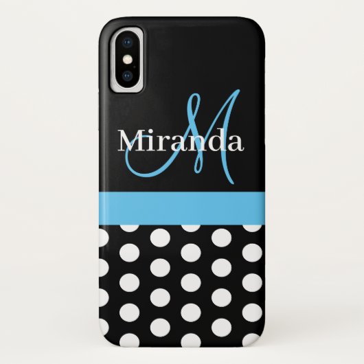 Zwart Wit Blauw Monogram Script Polka Dots Case-Mate iPhone Case (Achterkant)