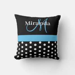 Zwart Wit Blauw Monogram Script Polka Dots Kussen