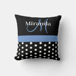 Zwart Wit Blauw Monogram Script Polka Dots Kussen