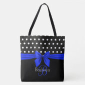 Zwart Wit Blauw Monogram Script Polka Dots Modern Tote Bag (Voorkant)