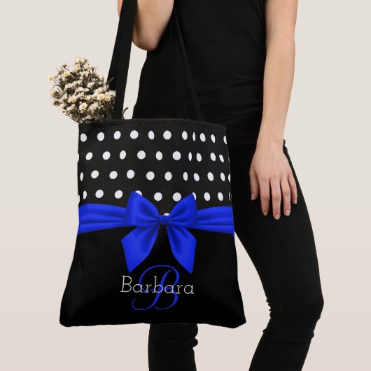 Zwart Wit Blauw Monogram Script Polka Dots Modern Tote Bag (Dichtbij)