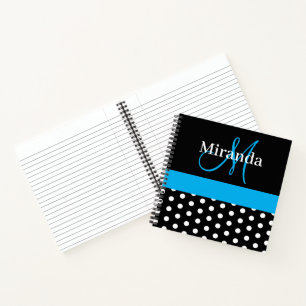 Zwart Wit Blauw Monogram Script Polka Dots Notitieboek