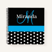 Zwart Wit Blauw Monogram Script Polka Dots Notitieboek (Voorkant)