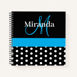 Zwart Wit Blauw Monogram Script Polka Dots Notitieboek
