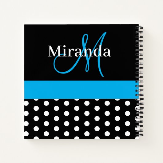 Zwart Wit Blauw Monogram Script Polka Dots Notitieboek (Achterkant)