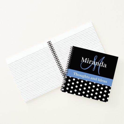 Zwart Wit Blauw Monogram Script Polka Dots Notitieboek (Binnen)