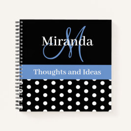 Zwart Wit Blauw Monogram Script Polka Dots Notitieboek