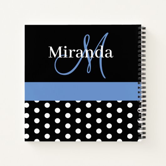 Zwart Wit Blauw Monogram Script Polka Dots Notitieboek (Achterkant)