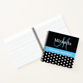 Zwart Wit Blauw Monogram Script Polka Dots Notitieboek