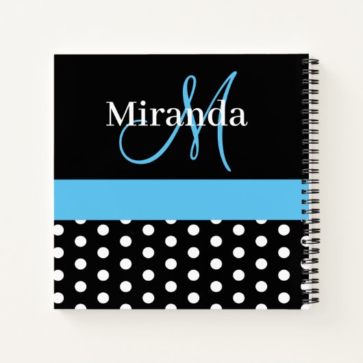Zwart Wit Blauw Monogram Script Polka Dots Notitieboek (Achterkant)