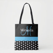Zwart Wit Blauw Monogram Script Polka Dots Tote Bag (Voorkant)