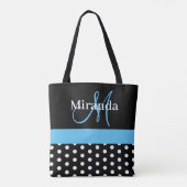 Zwart Wit Blauw Monogram Script Polka Dots Tote Bag (Achterkant)