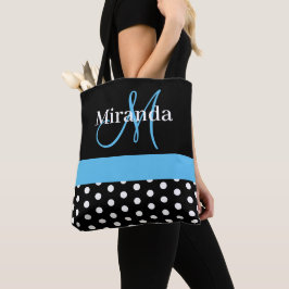 Zwart Wit Blauw Monogram Script Polka Dots Tote Bag