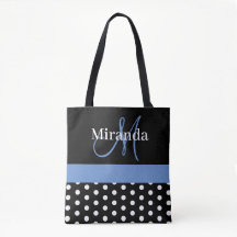 Zwart Wit Blauw Monogram Script Polka Dots