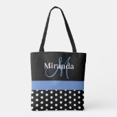 Zwart Wit Blauw Monogram Script Polka Dots Tote Bag (Achterkant)